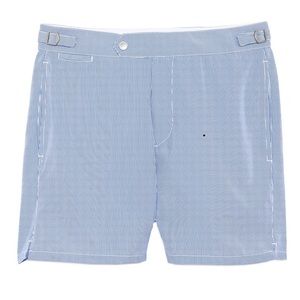 Men’s European cut preppy Swim-ology medium Swim Trunks blue seersucker